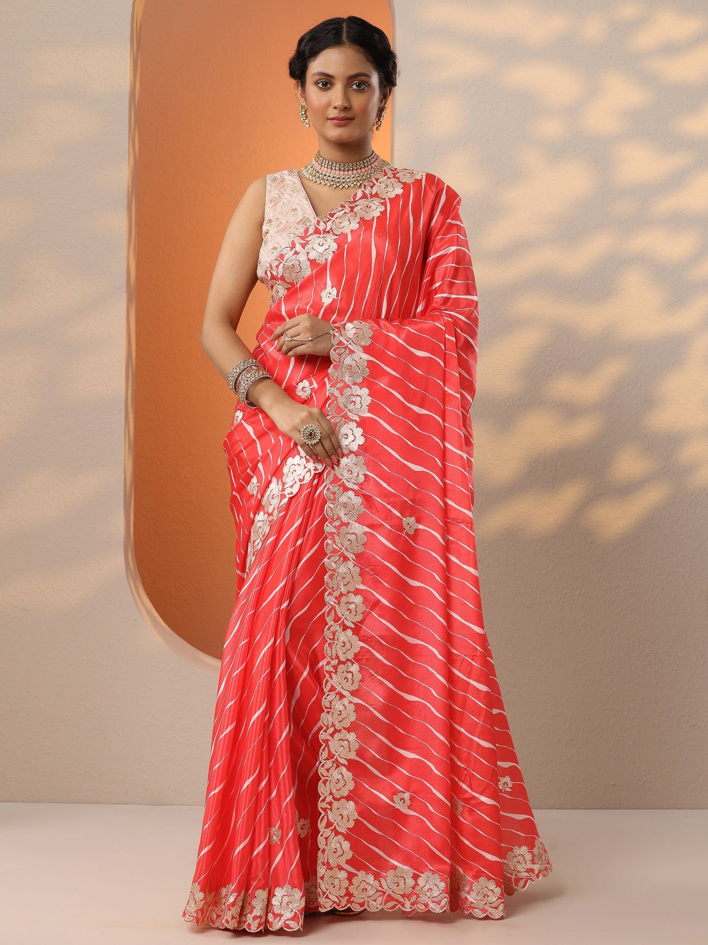 Orange Printed Chinon Saree With Unstitched Blouse Piece
