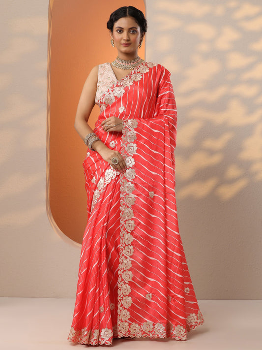 Orange Printed Chinon Saree With Unstitched Blouse Piece