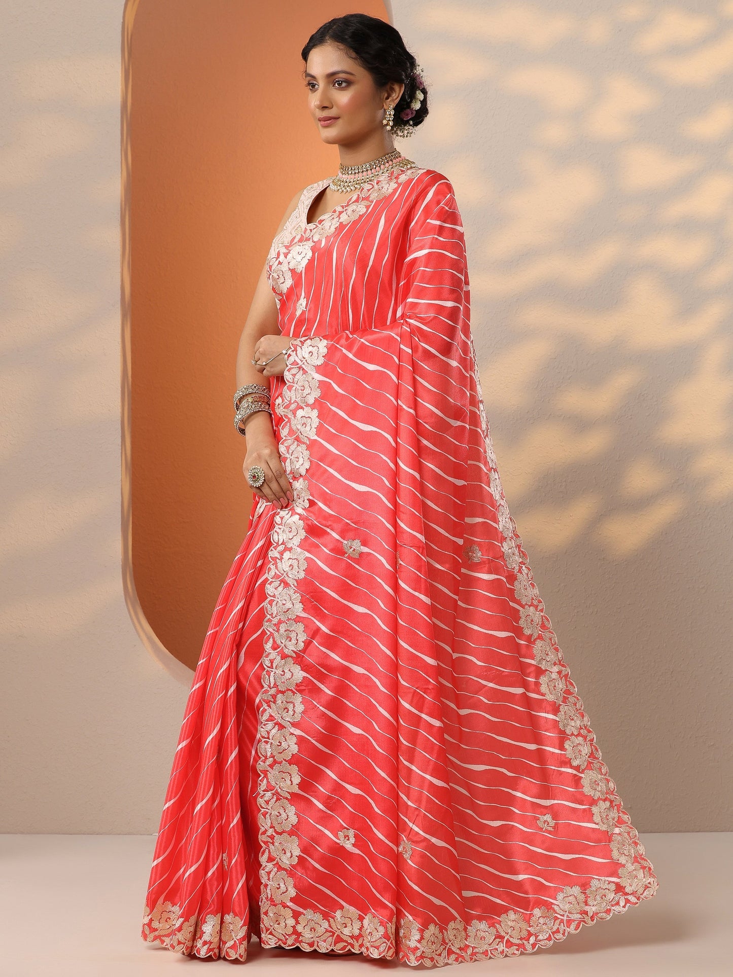 Orange Printed Chinon Saree With Unstitched Blouse Piece