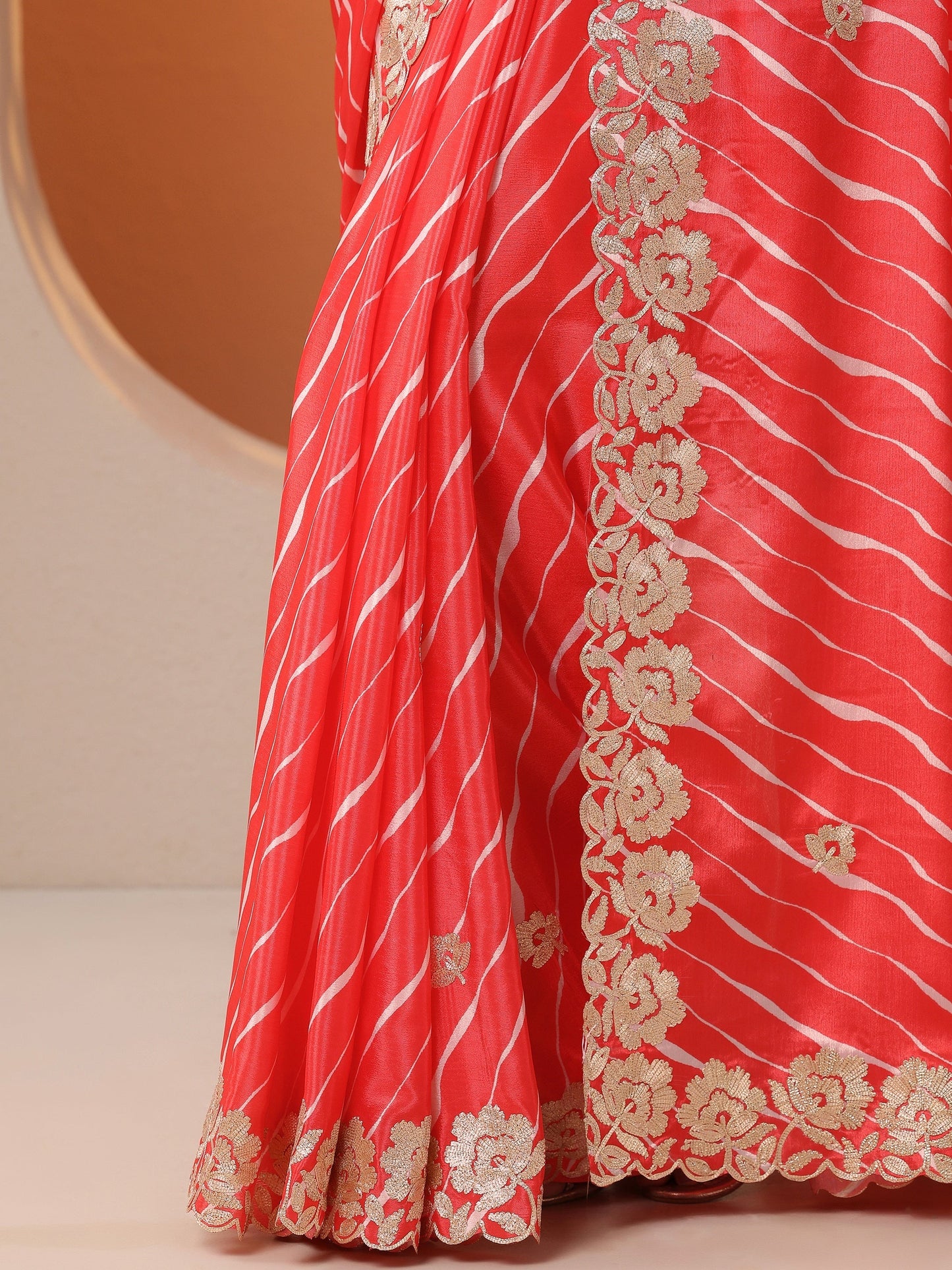 Orange Printed Chinon Saree With Unstitched Blouse Piece