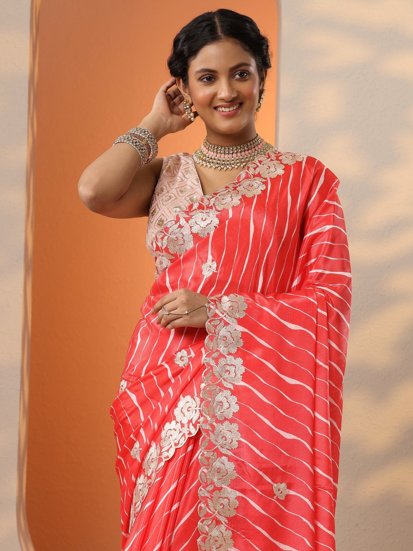 Orange Printed Chinon Saree With Unstitched Blouse Piece