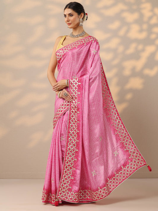 Pink Bandhani  Printed Chinon Saree With Unstitched Blouse Piece