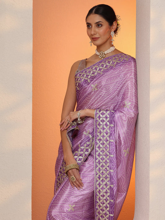 Lavender Bandhani Printed Chinon Saree With Unstitched Blouse Piece
