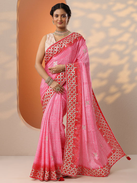 Peach Bandhani Printed Chinon Saree With Unstitched Blouse Piece