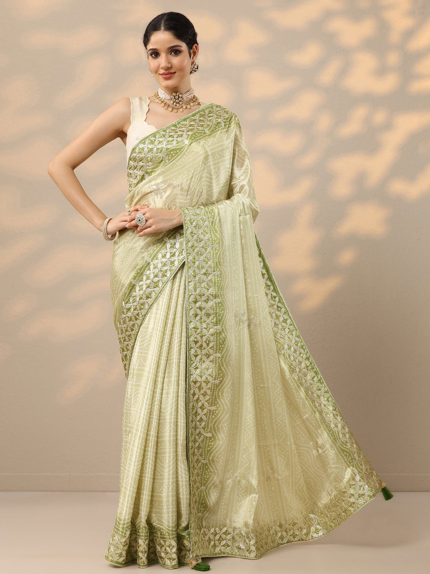 Green Printed Banarasi Chinon Saree With Unstitched Blouse Piece