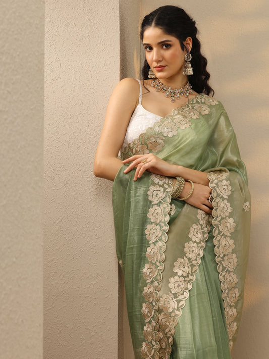 Green Embroidered Organza Saree With Unstitched Blouse Piece