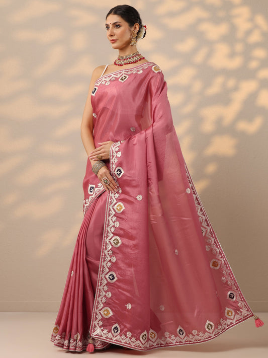 Peach Embroidered Chinon Saree With Unstitched Blouse Piece