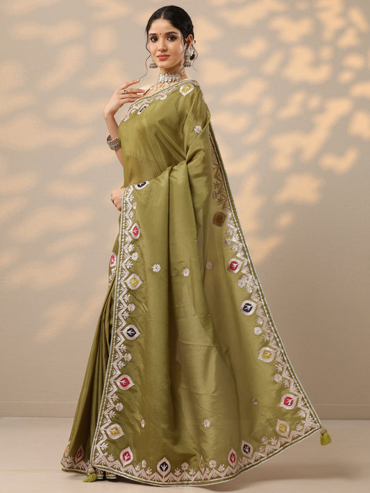 Green Embroidered Chinon Saree With Unstitched Blouse Piece