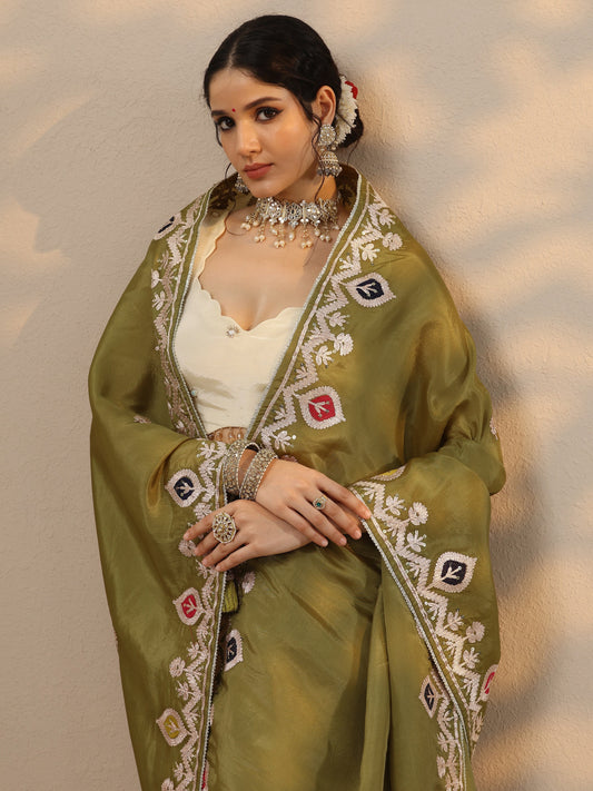 Green Embroidered Chinon Saree With Unstitched Blouse Piece