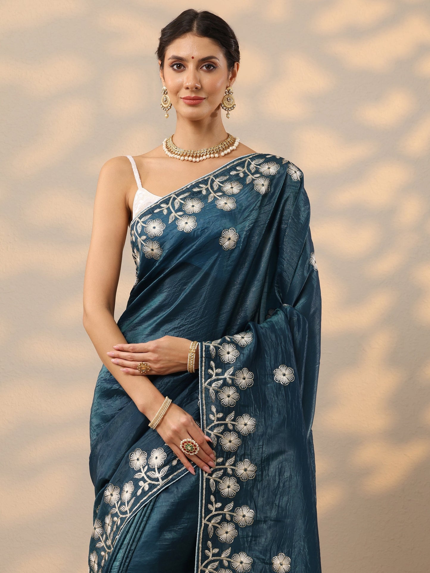 Blue Embroidered Organza Saree With Unstitched Blouse Piece