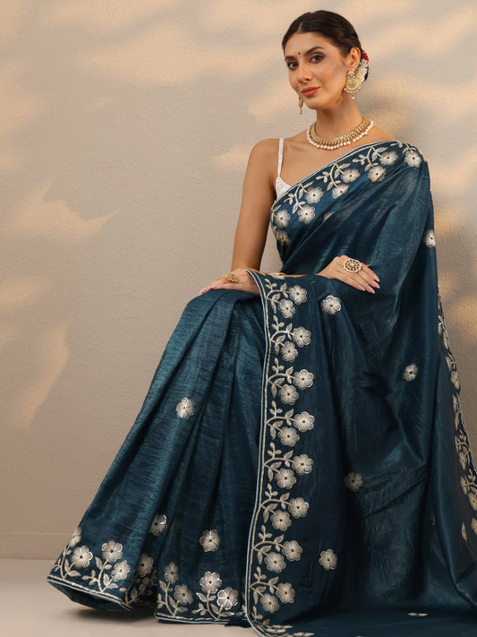 Blue Embroidered Organza Saree With Unstitched Blouse Piece