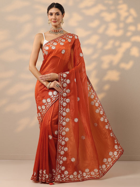 Orange Embroidered Organza Saree With Unstitched Blouse Piece