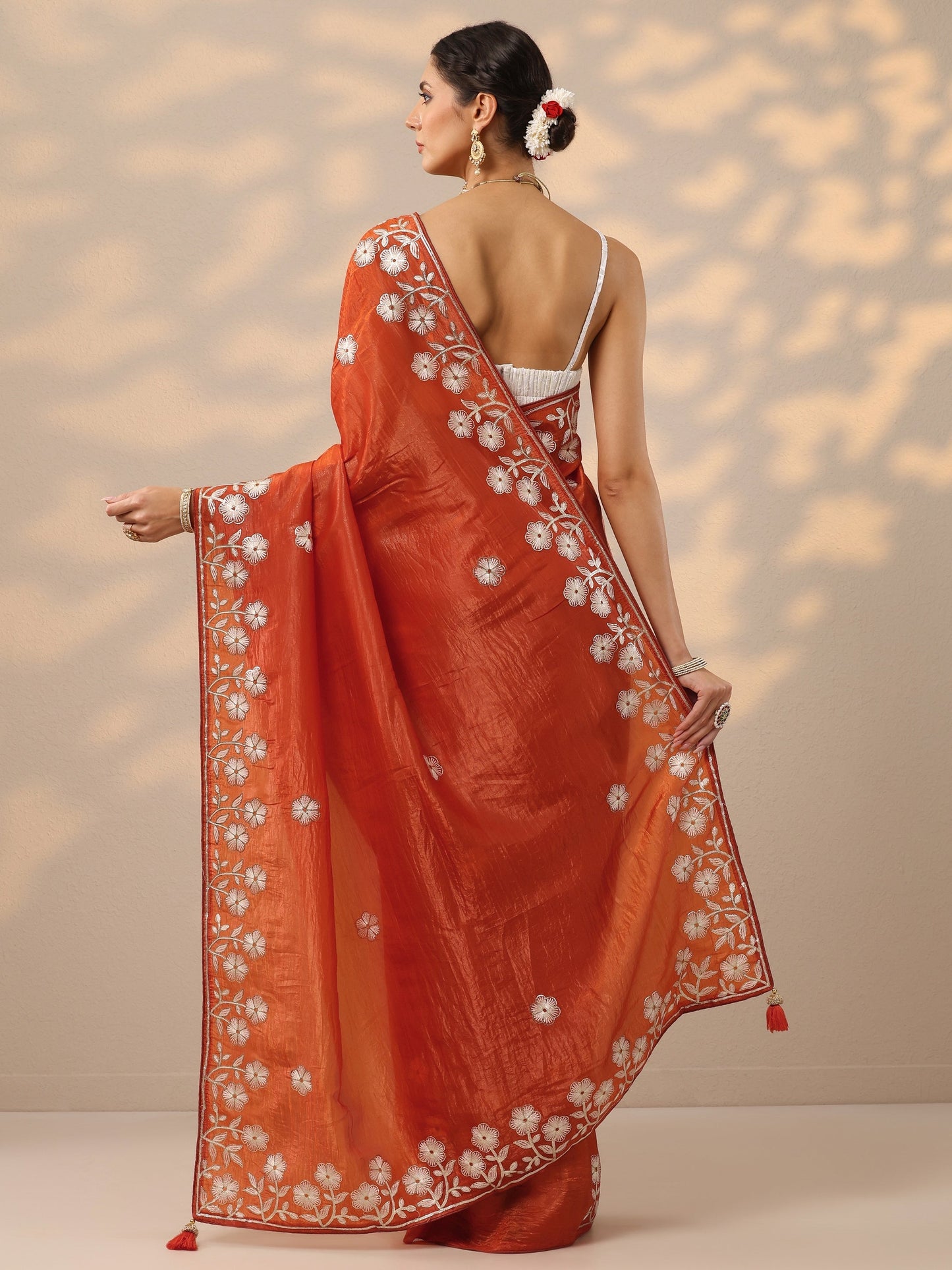 Orange Embroidered Organza Saree With Unstitched Blouse Piece