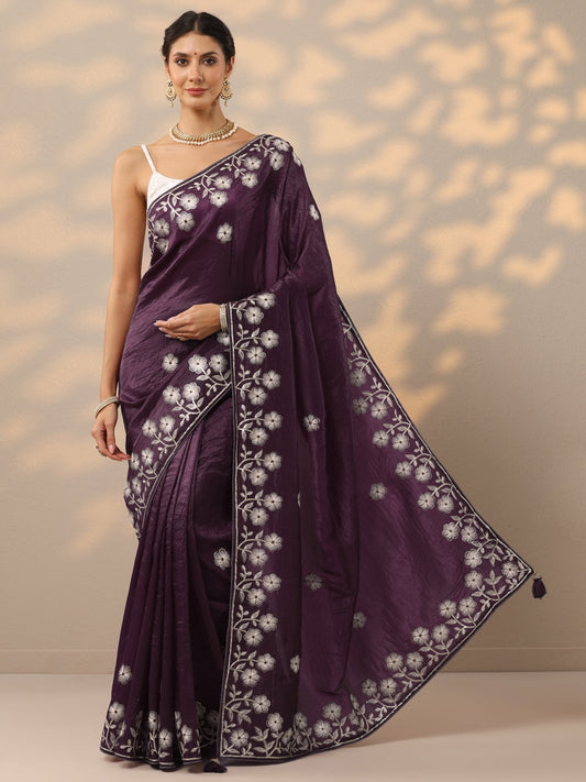 Purple Embroidered Organza Saree With Unstitched Blouse Piece