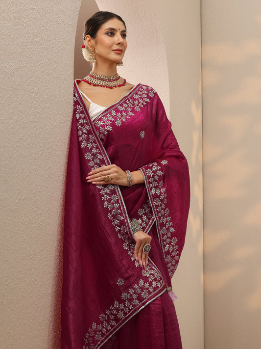 Pink Embroidered Organza Saree With Unstitched Blouse Piece