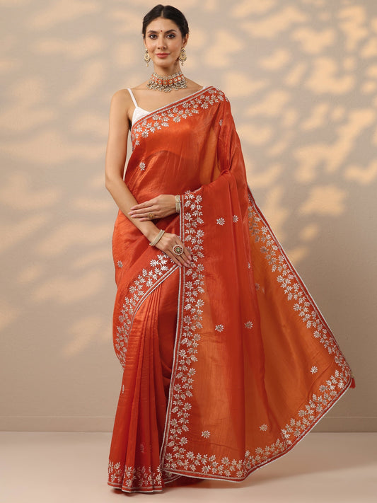 Orange Embroidered Organza Saree With Unstitched Blouse Piece