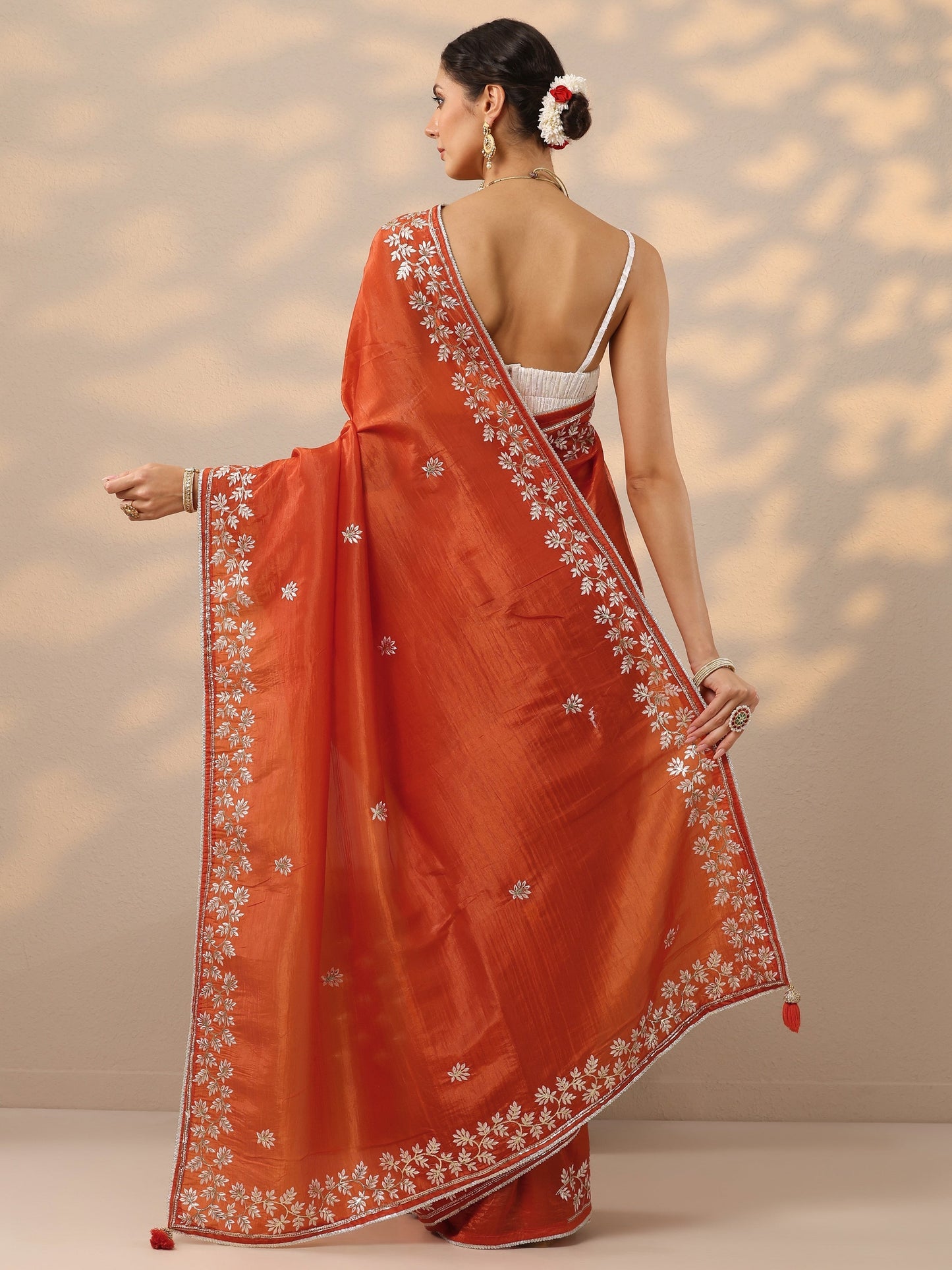 Orange Embroidered Organza Saree With Unstitched Blouse Piece