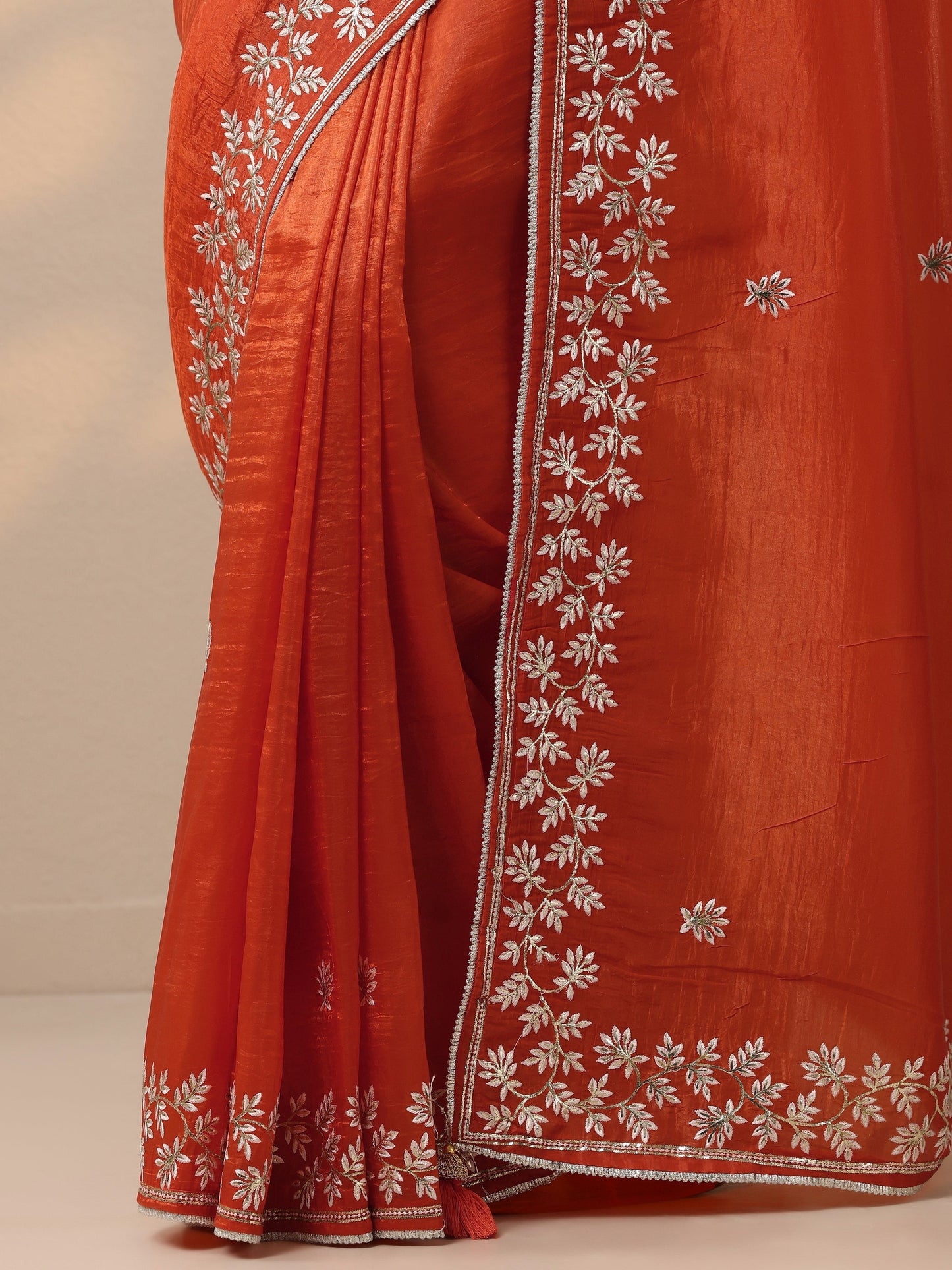 Orange Embroidered Organza Saree With Unstitched Blouse Piece