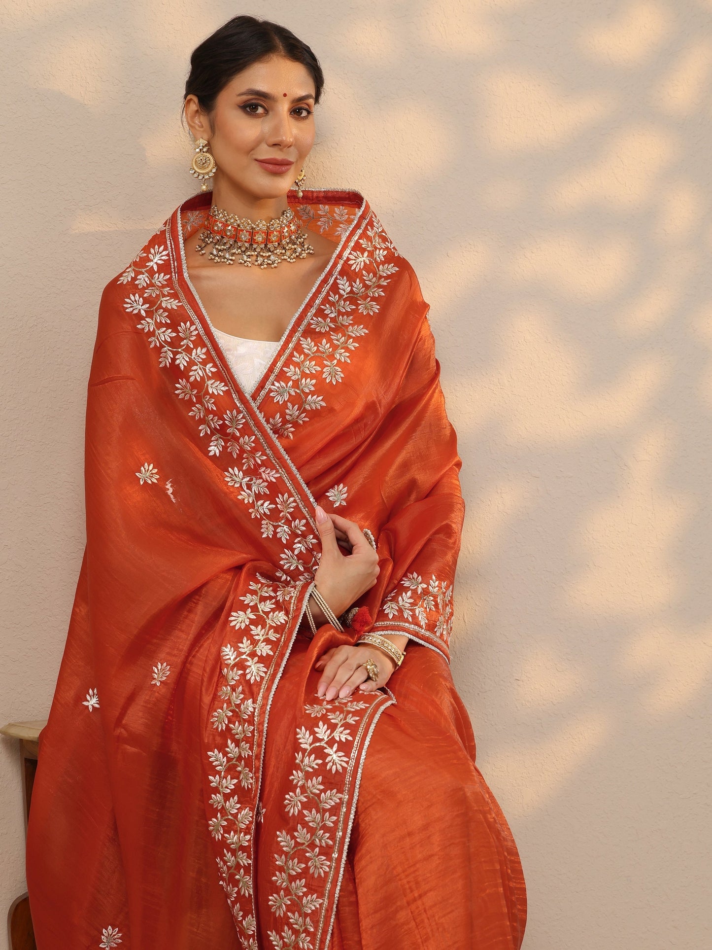 Orange Embroidered Organza Saree With Unstitched Blouse Piece
