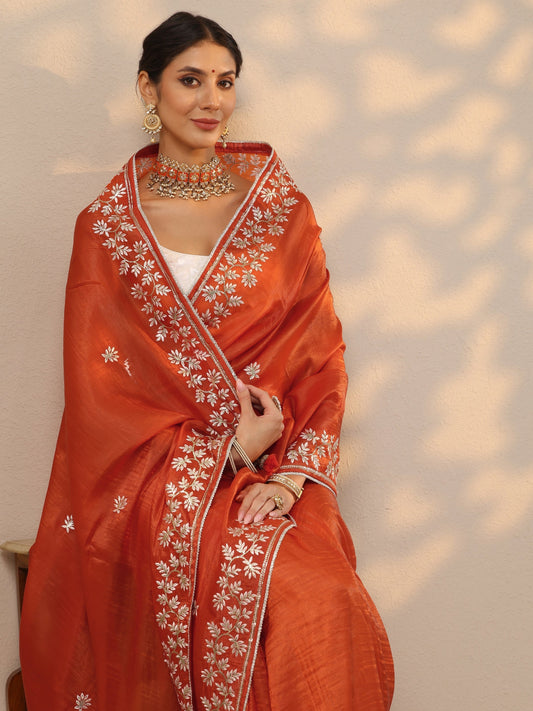 Orange Embroidered Organza Saree With Unstitched Blouse Piece