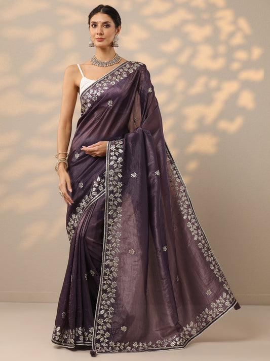 Purple Embroidered Organza Saree With Unstitched Blouse Piece