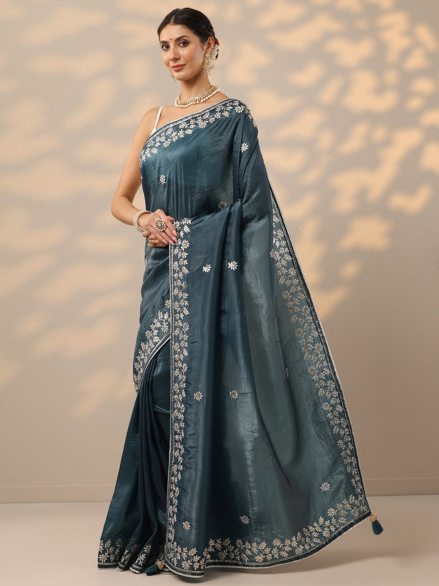 Teal Embroidered Organza Saree With Unstitched Blouse Piece