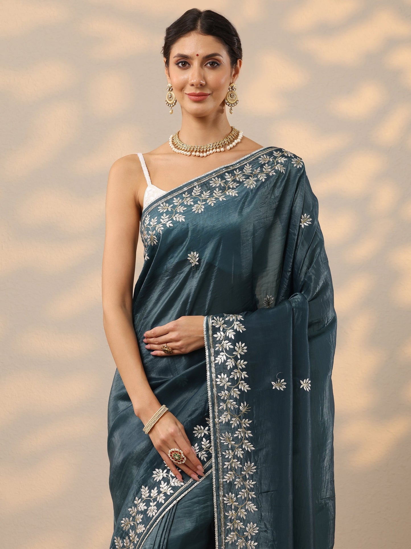 Teal Embroidered Organza Saree With Unstitched Blouse Piece