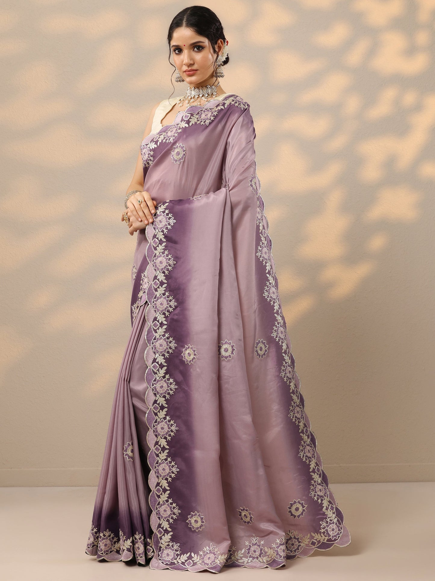 Lavender Embroidered Silk Blend Saree With Unstitched Blouse Piece