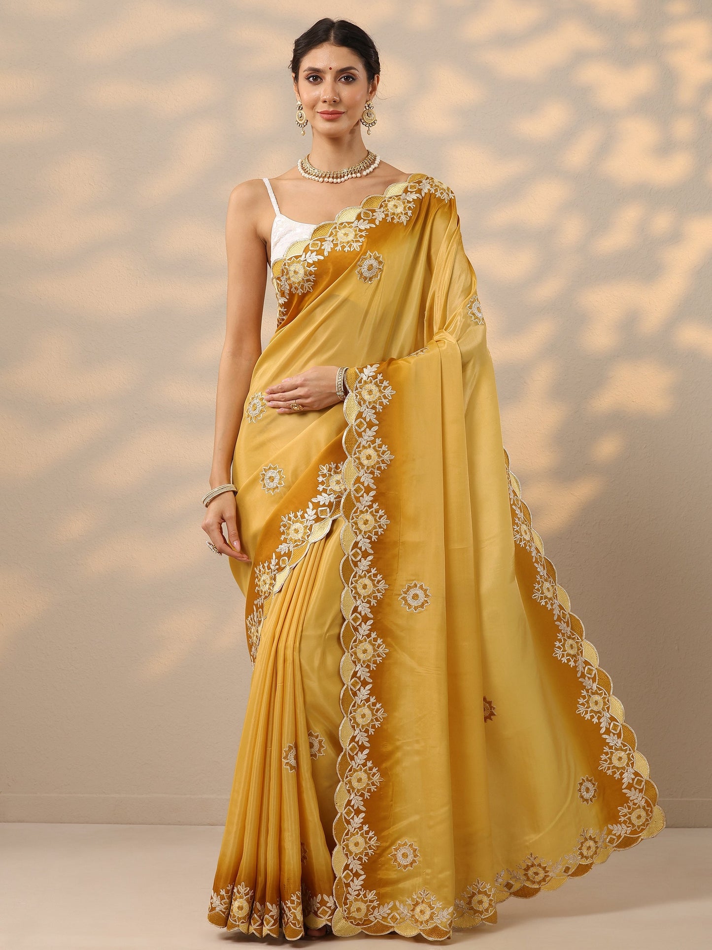 Yellow Embroidered Silk Blend Saree With Unstitched Blouse Piece