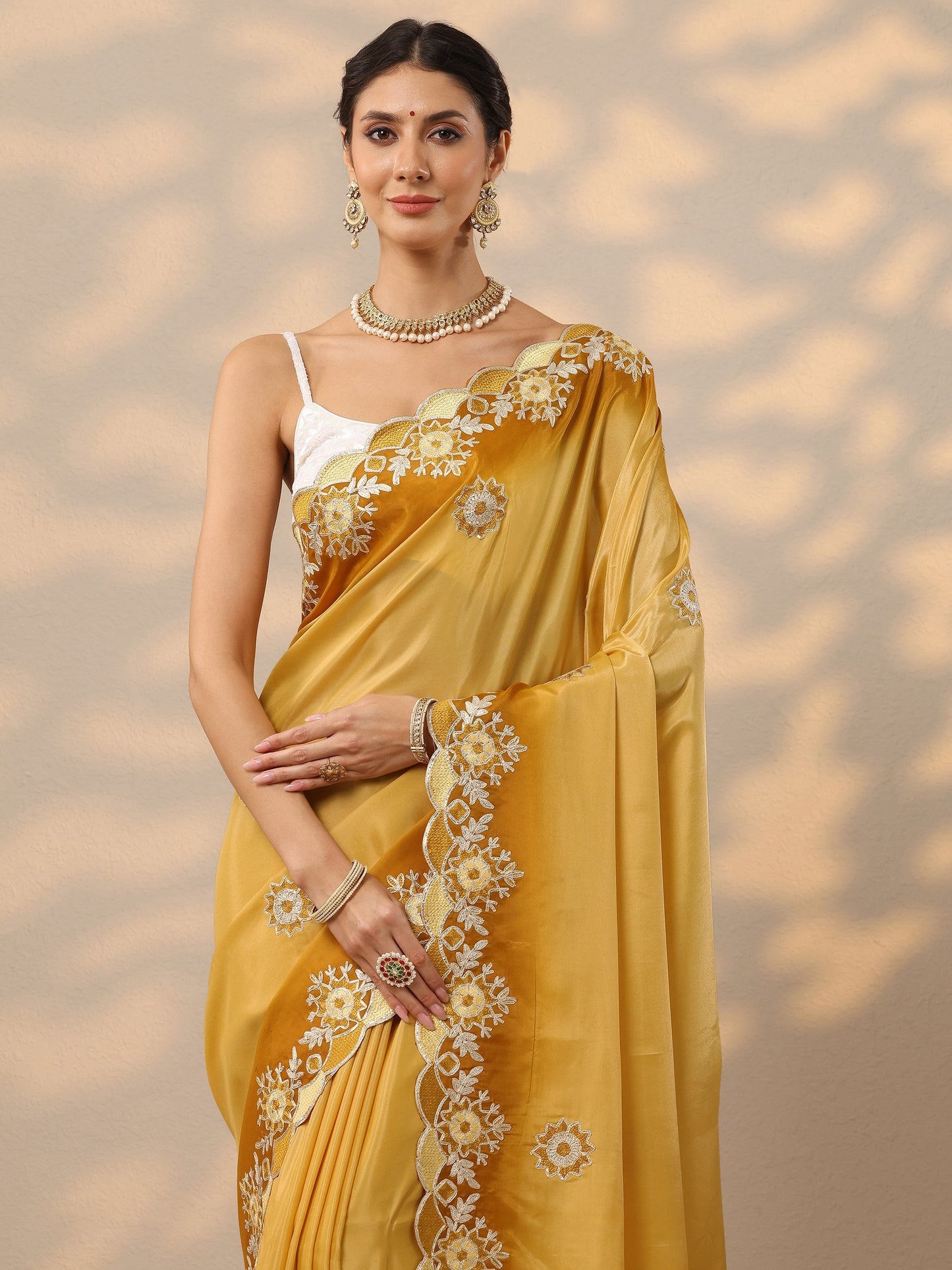 Yellow Embroidered Silk Blend Saree With Unstitched Blouse Piece