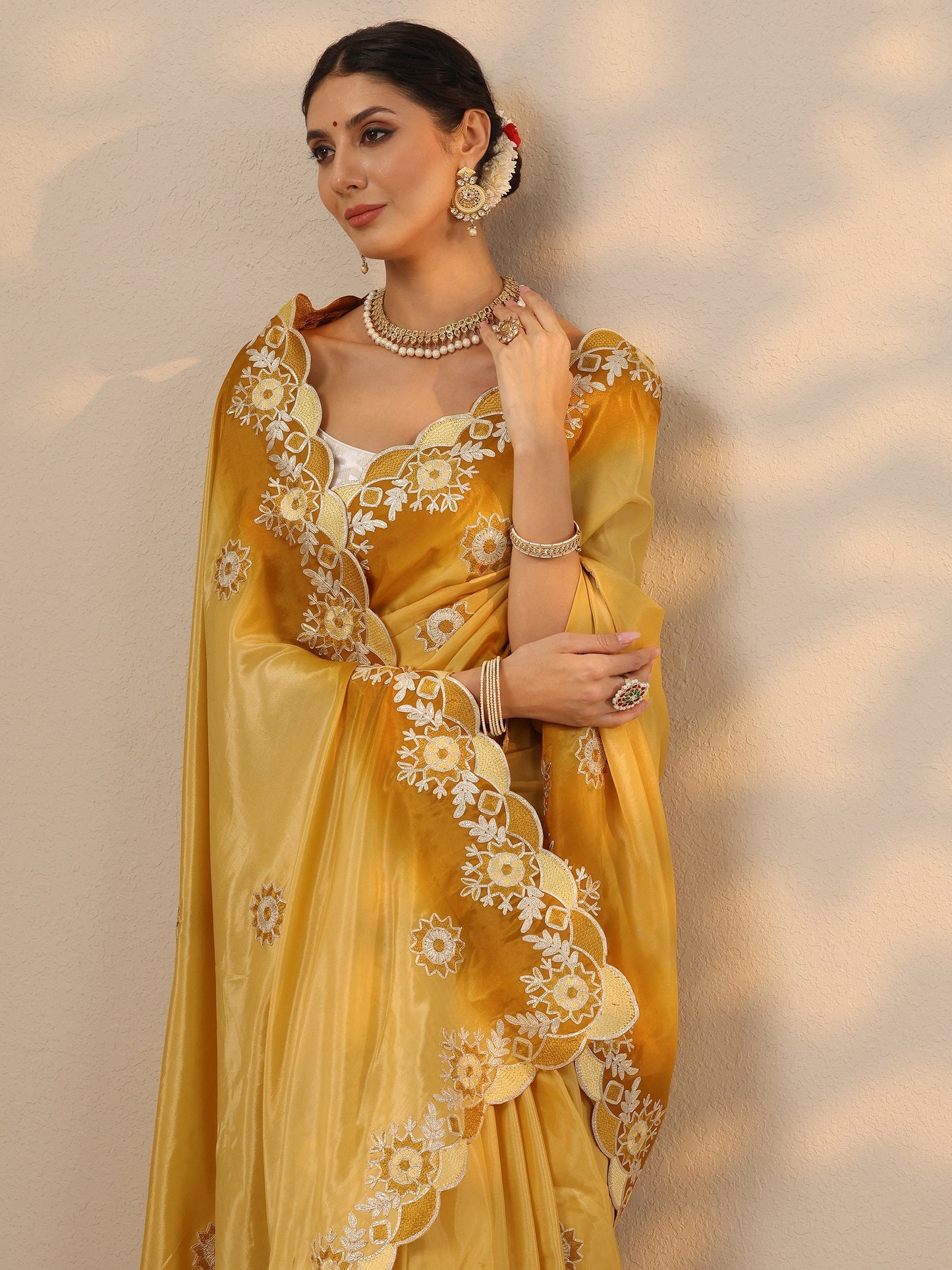 Yellow Embroidered Silk Blend Saree With Unstitched Blouse Piece