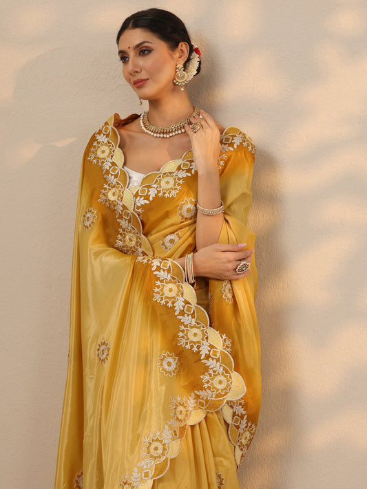 Yellow Embroidered Silk Blend Saree With Unstitched Blouse Piece