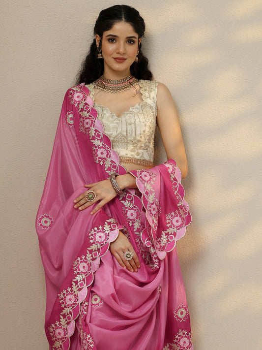Pink Embroidered Silk Blend Saree With Unstitched Blouse Piece