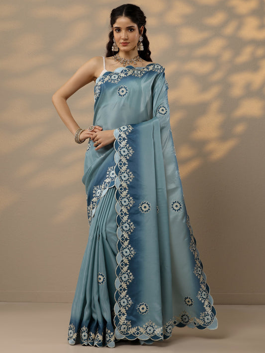 Blue Embroidered Silk Blend Saree With Unstitched Blouse Piece