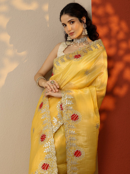 Yellow Embroidered Organza Saree With Unstitched Blouse Piece