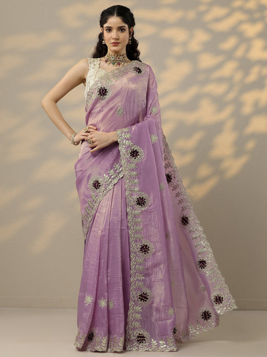 Lavender Embroidered Organza Saree With Unstitched Blouse Piece
