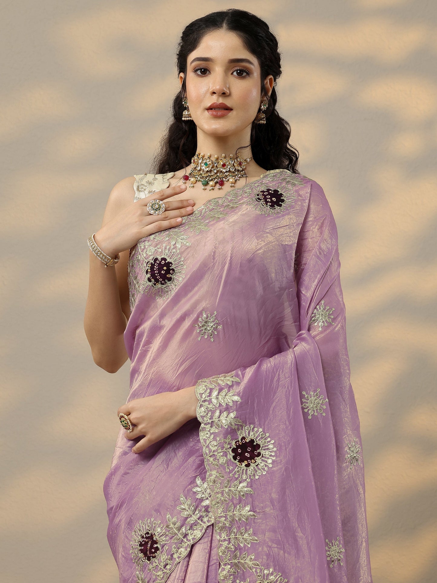 Lavender Embroidered Organza Saree With Unstitched Blouse Piece