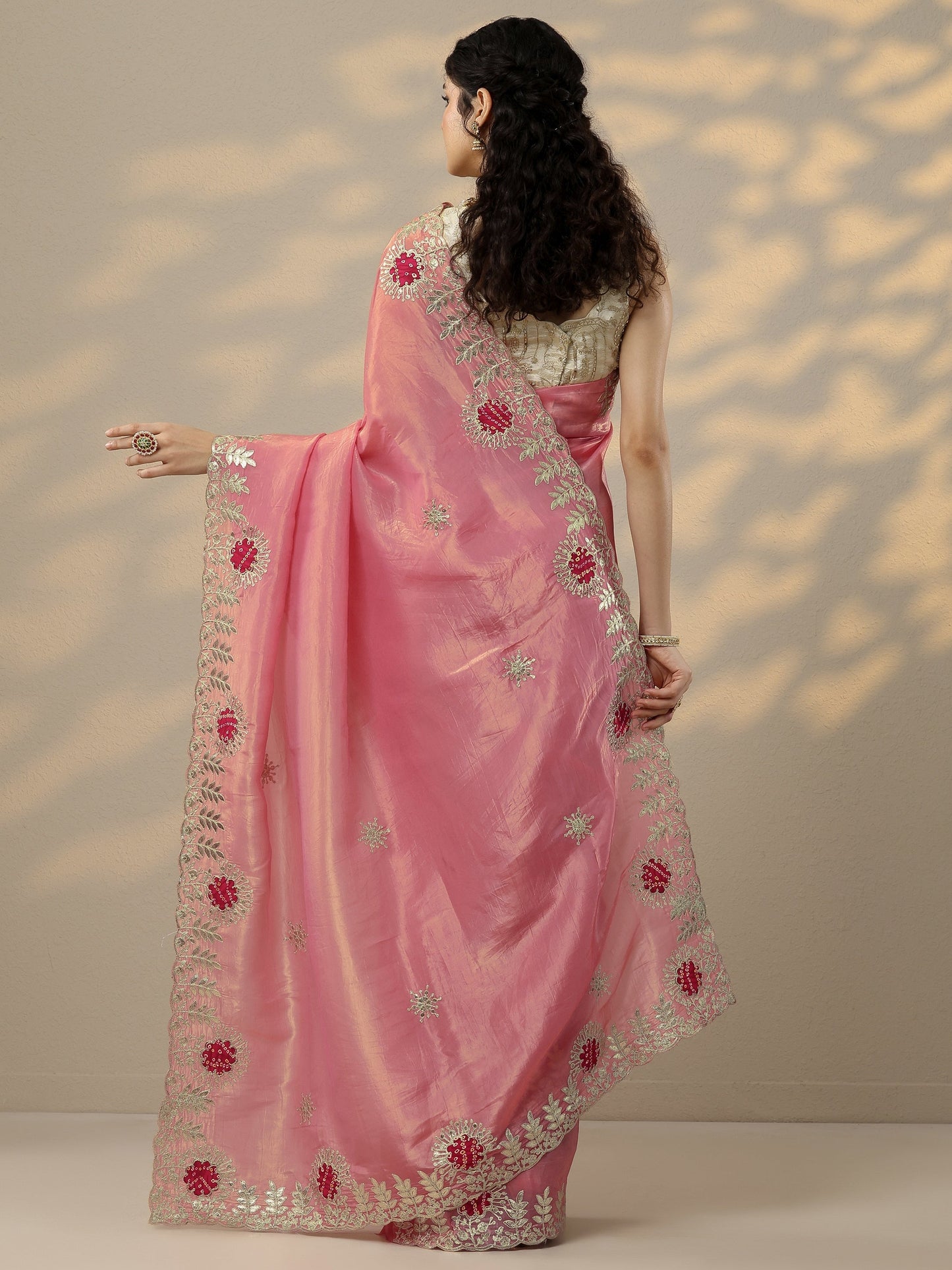 Peach Embroidered Organza Saree With Unstitched Blouse Piece