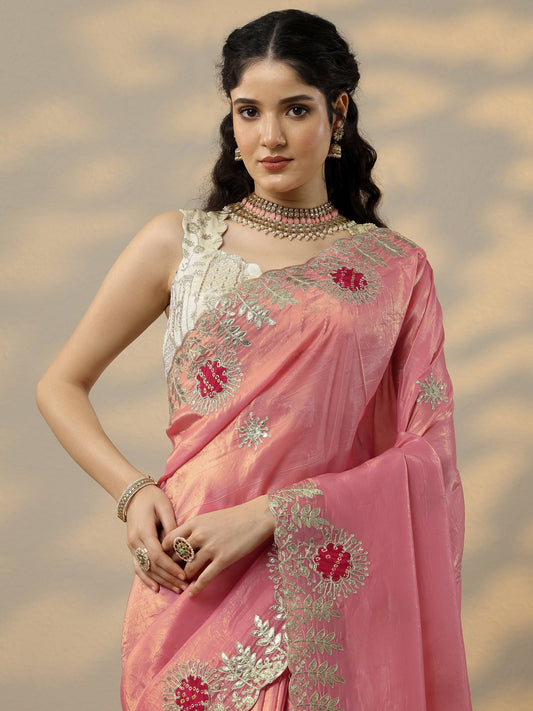 Peach Embroidered Organza Saree With Unstitched Blouse Piece