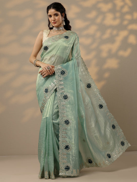 Green Embroidered Organza Saree With Unstitched Blouse Piece