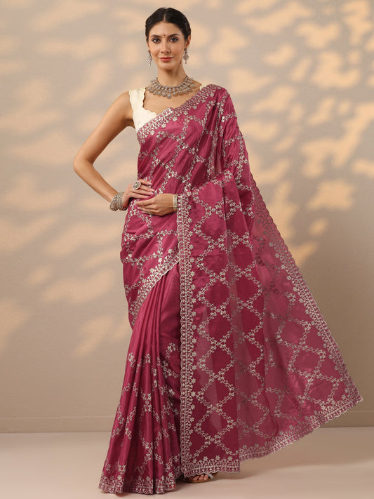 Pink Embroidered Silk Blend Saree With Unstitched Blouse Piece