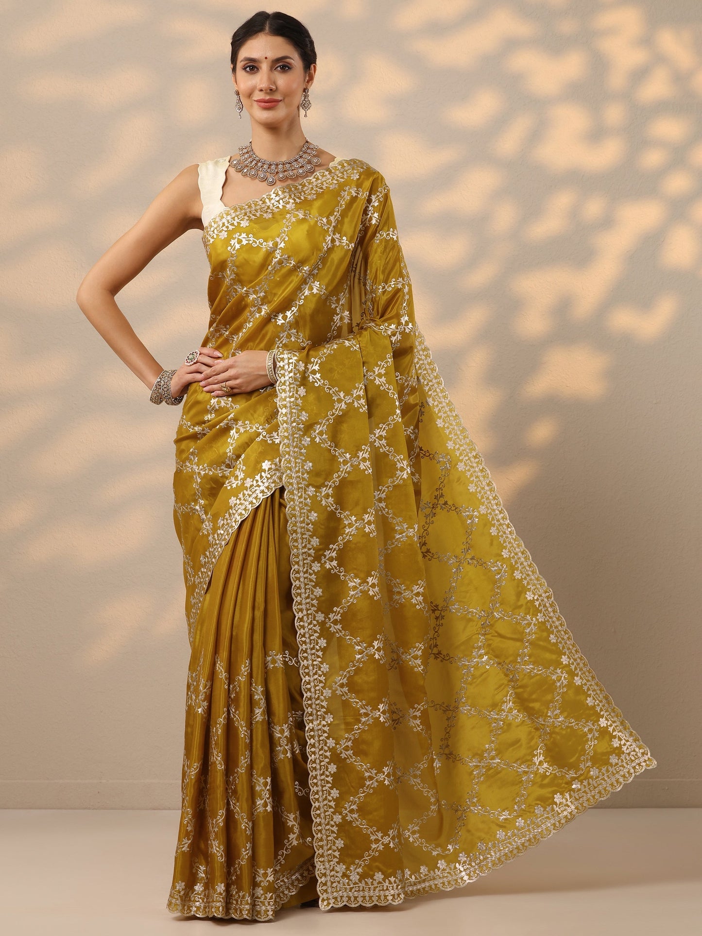 Mustard Embroidered Silk Blend Saree With Unstitched Blouse Piece