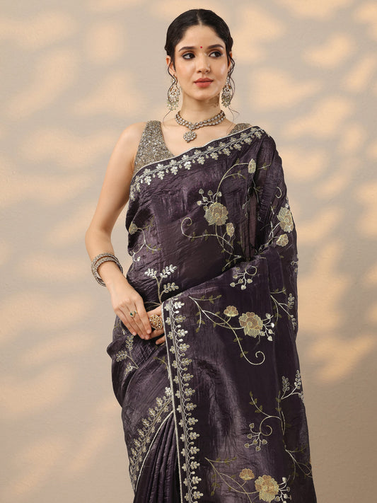Purple Embroidered Organza Saree With Unstitched Blouse Piece