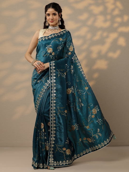 Blue Embroidered Organza Saree With Unstitched Blouse Piece