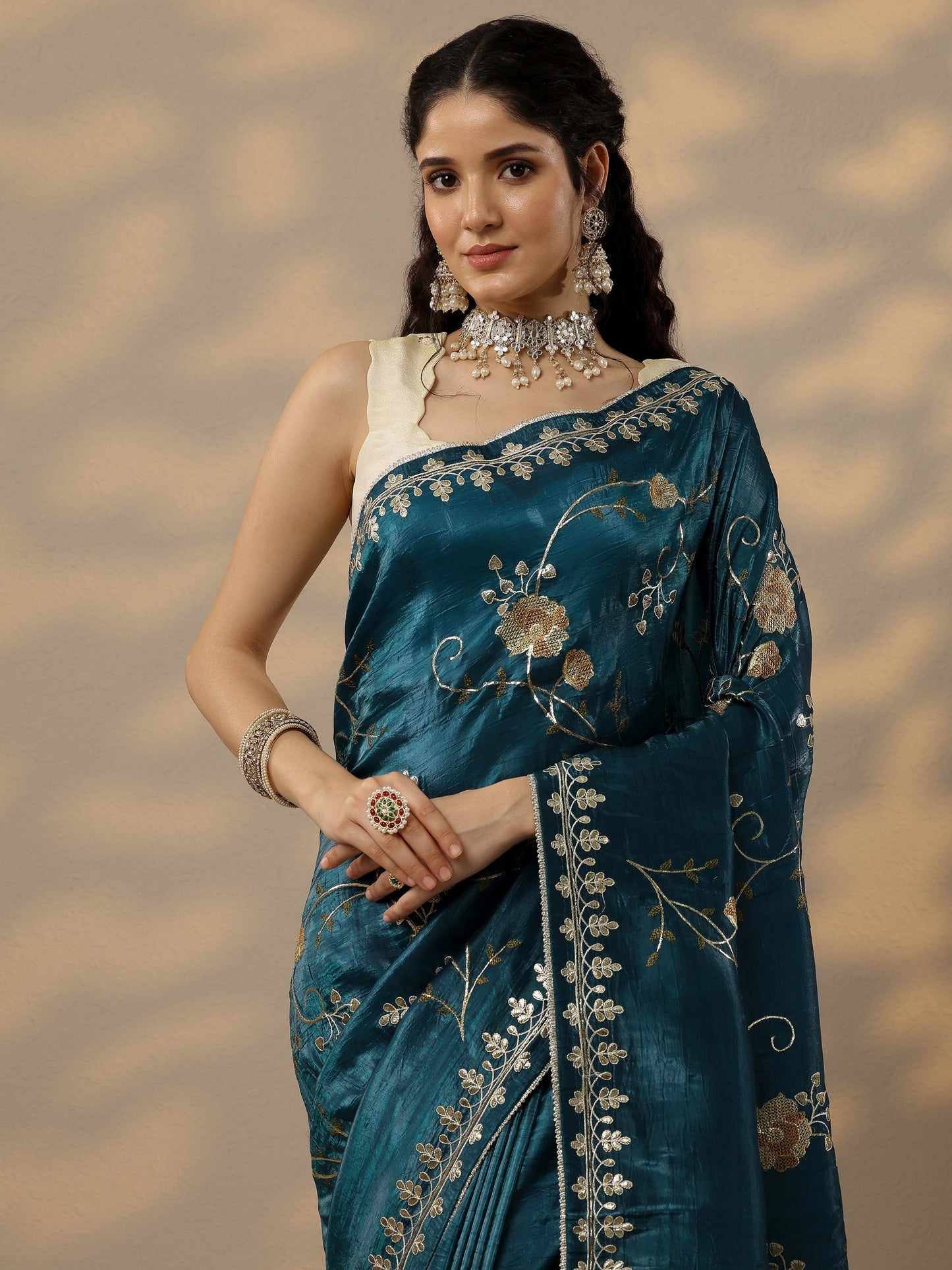 Blue Embroidered Organza Saree With Unstitched Blouse Piece