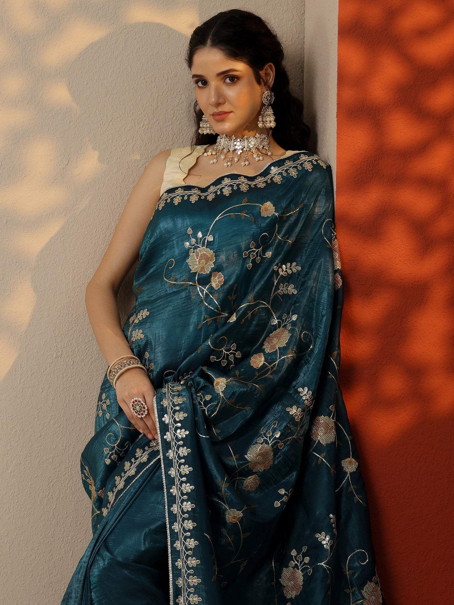 Blue Embroidered Organza Saree With Unstitched Blouse Piece