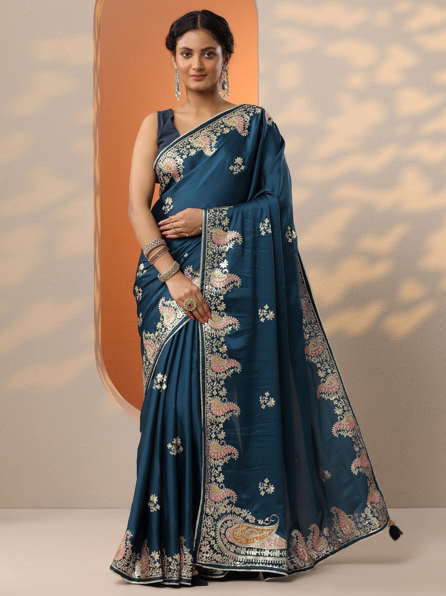 Blue Embroidered Satin Saree With Unstitched Blouse Piece