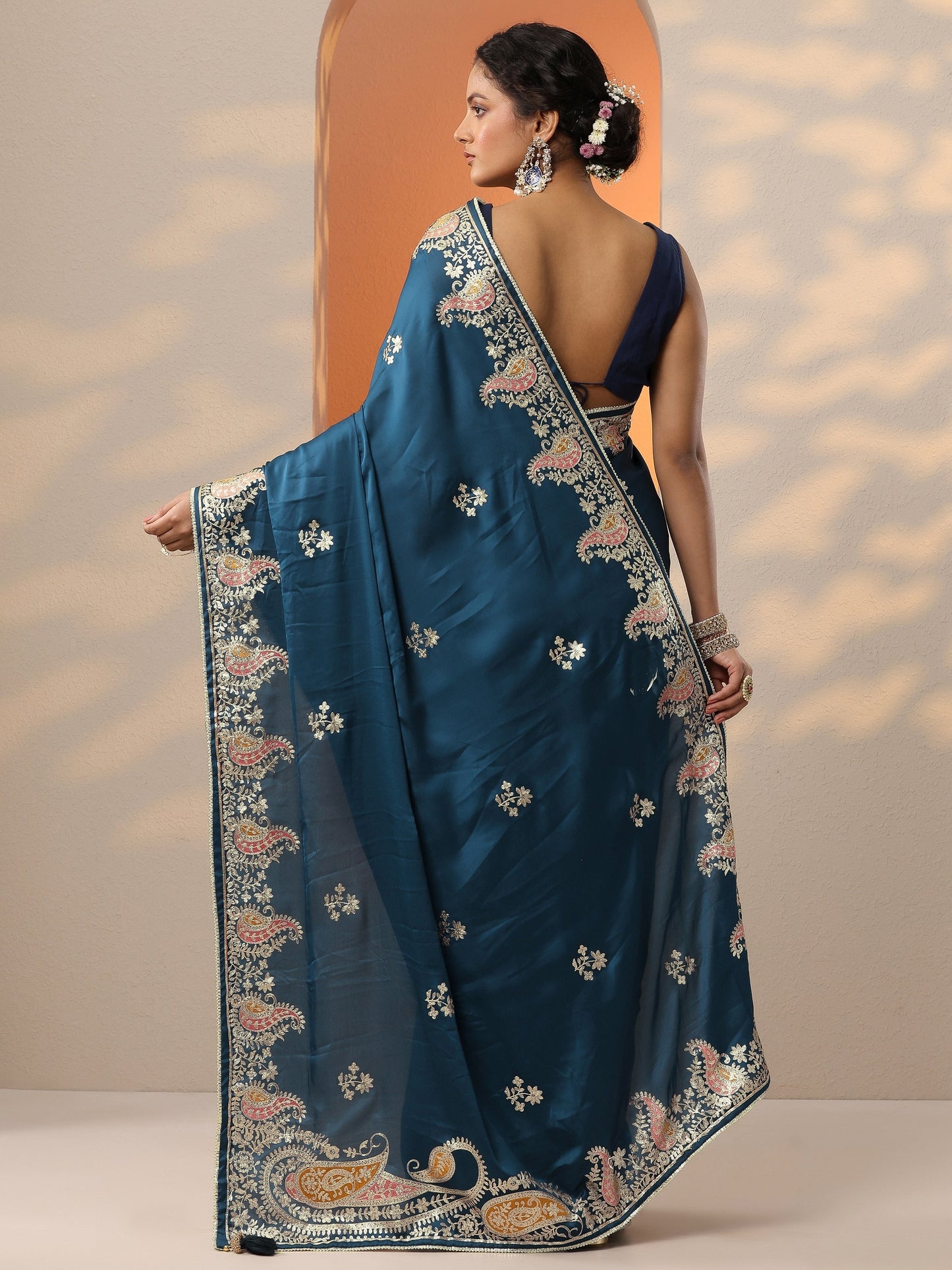 Blue Embroidered Satin Saree With Unstitched Blouse Piece