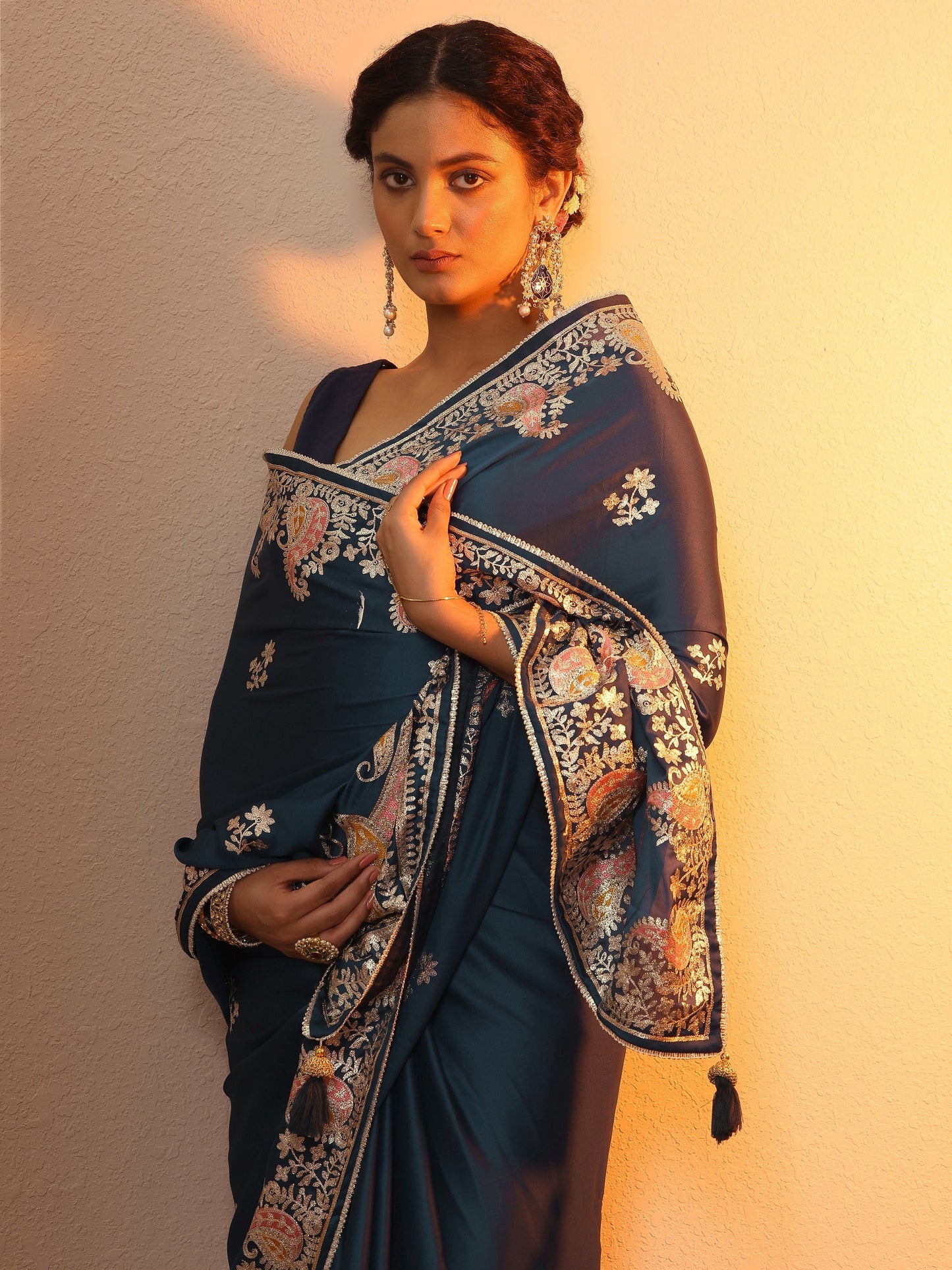 Blue Embroidered Satin Saree With Unstitched Blouse Piece