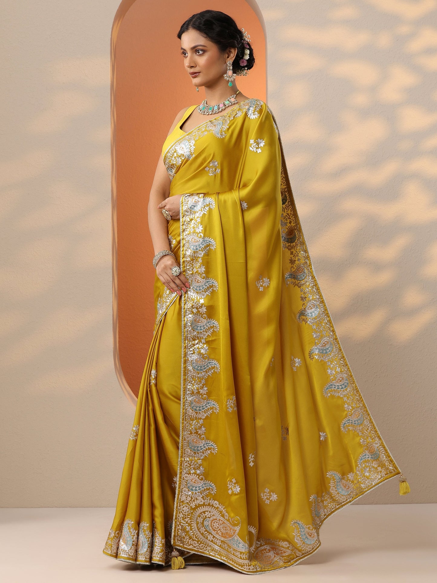 Mustard Embroidered Satin Saree With Unstitched Blouse Piece
